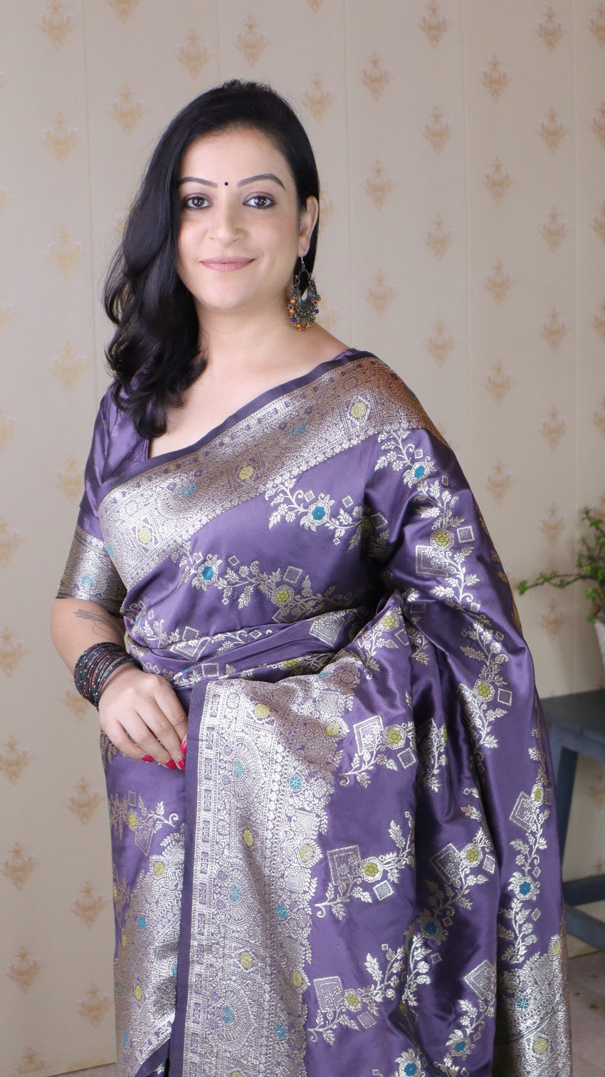 Lavender soft silk banarasi jaal meenakari zari woven saree