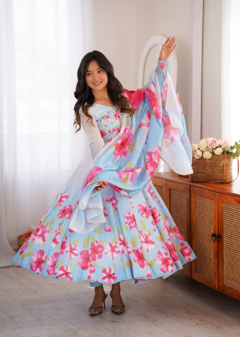Sky Blue Floral Print Organza Silk Anarkali