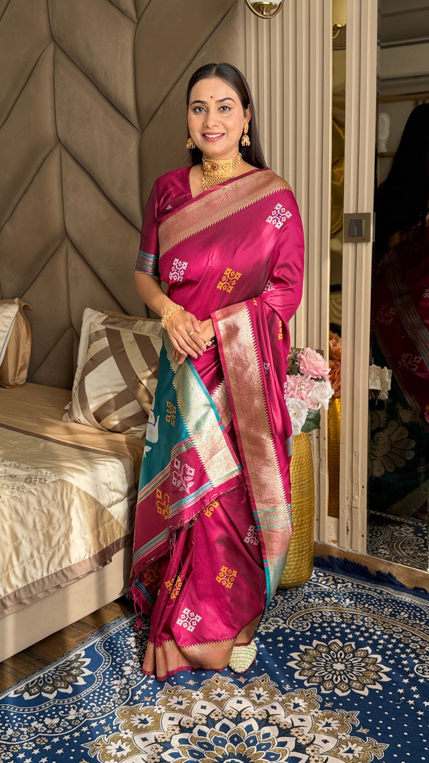 Dark pink soft silk ikkat zari woven saree