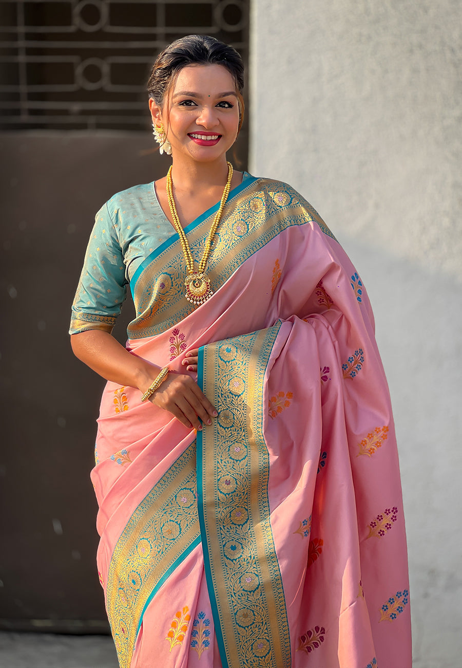 Baby pink soft silk saree with flower butta meenakari zari woven saree