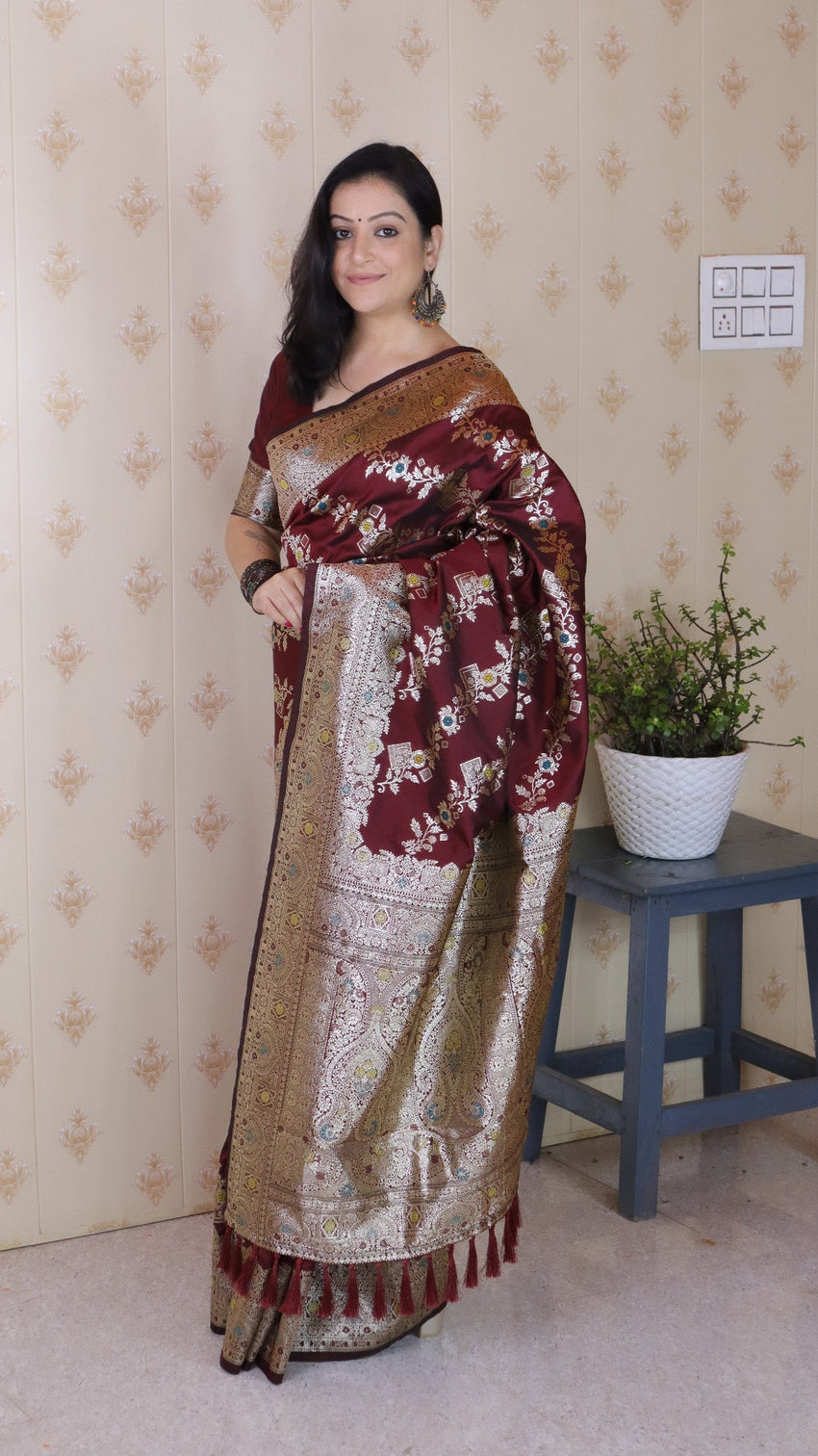 Maroon soft silk banarasi jaal meenakari zari woven saree