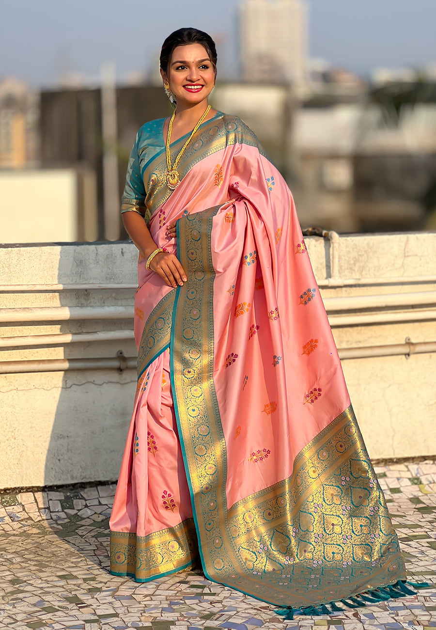 Baby pink soft silk saree with flower butta meenakari zari woven saree