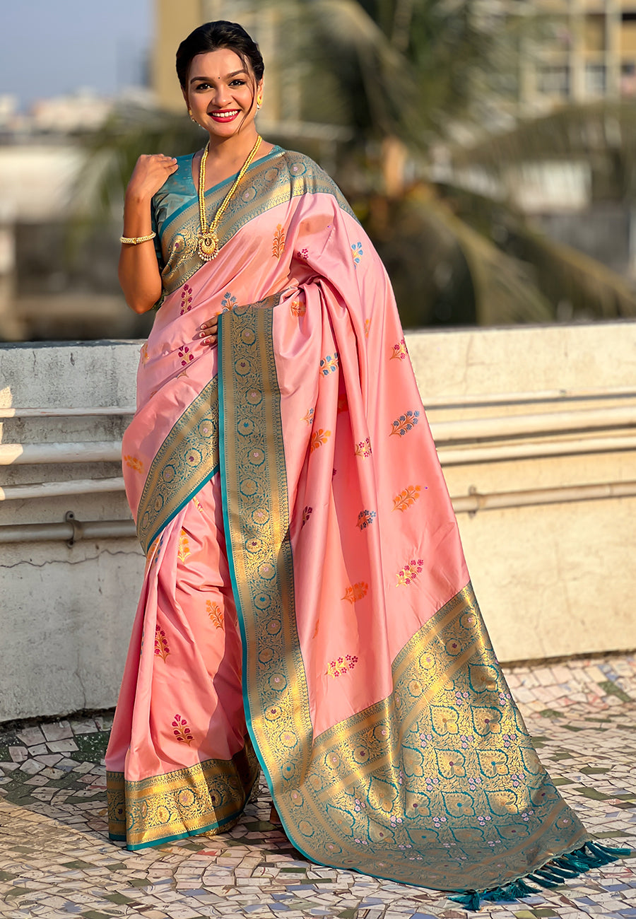 Baby pink soft silk saree with flower butta meenakari zari woven saree