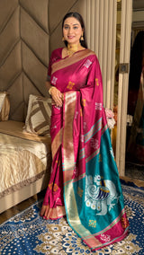 Dark Pink Soft Silk Ikkat Zari Woven Saree