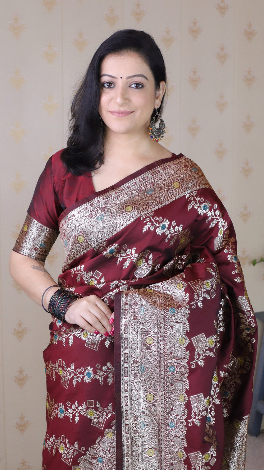 Maroon soft silk banarasi jaal meenakari zari woven saree