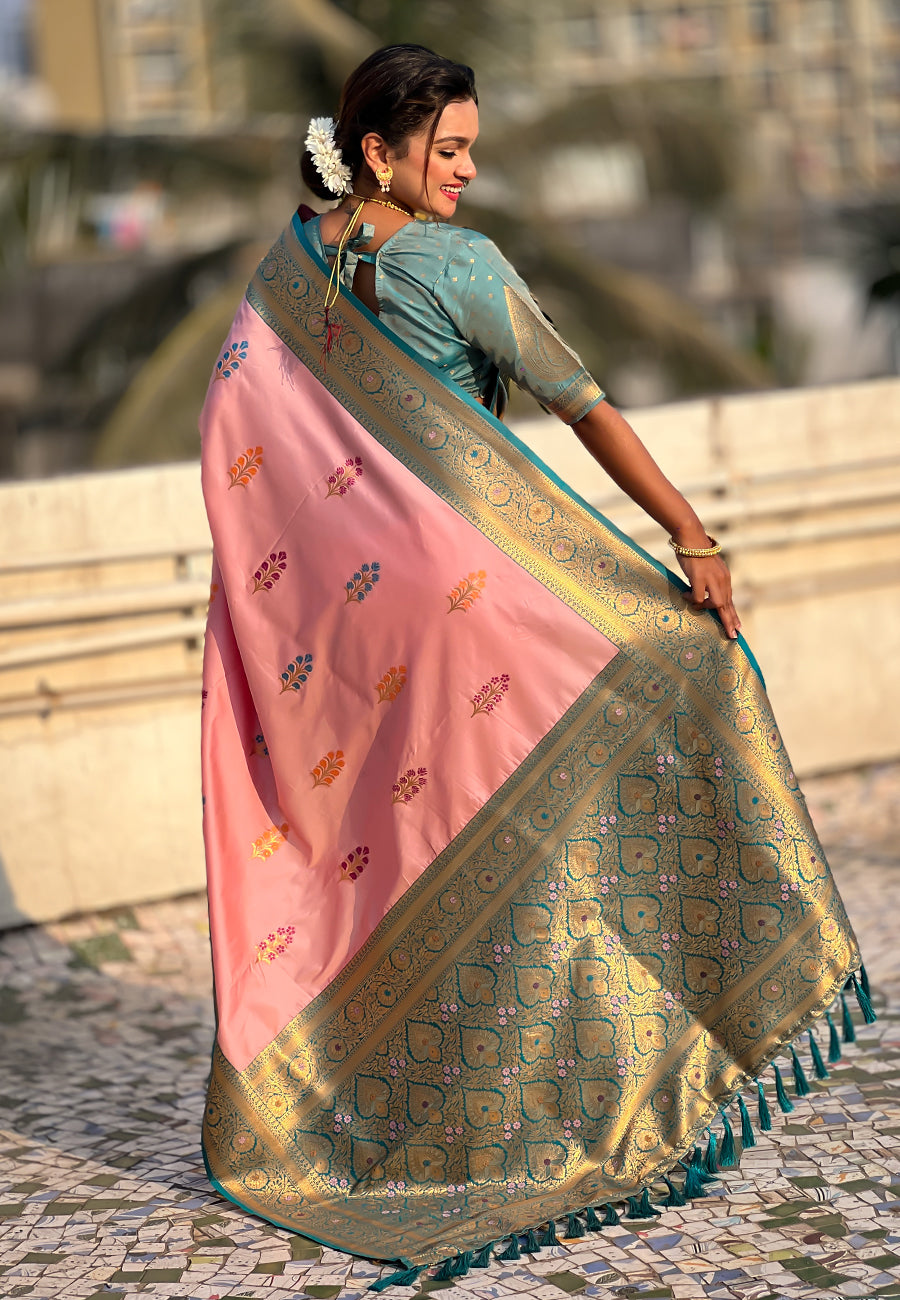 Baby pink soft silk saree with flower butta meenakari zari woven saree