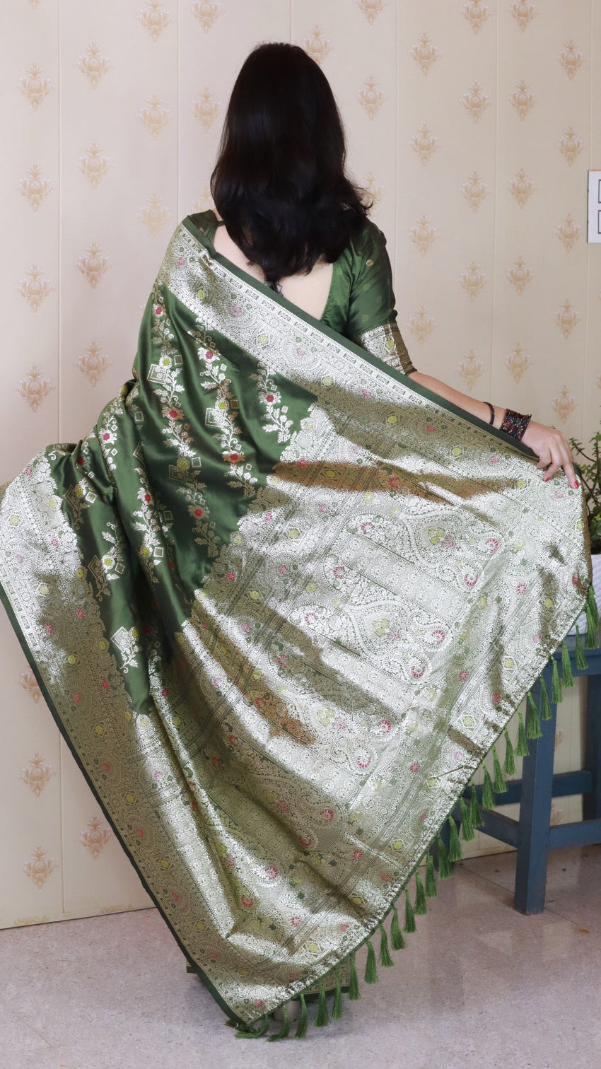 Mehendi green soft silk banarasi jaal meenakari zari woven saree