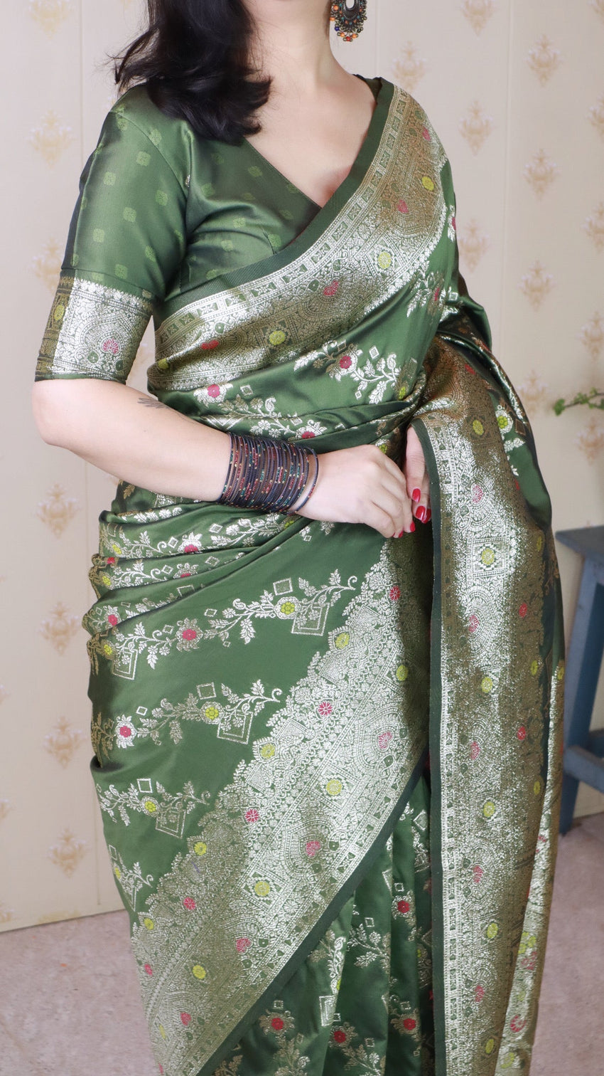 Mehendi green soft silk banarasi jaal meenakari zari woven saree