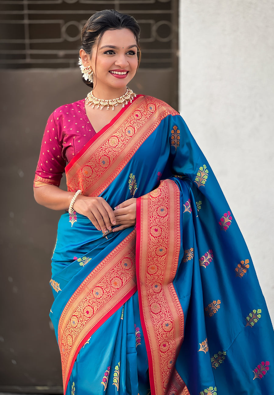 Blue soft silk saree with flower butta meenakari zari woven saree