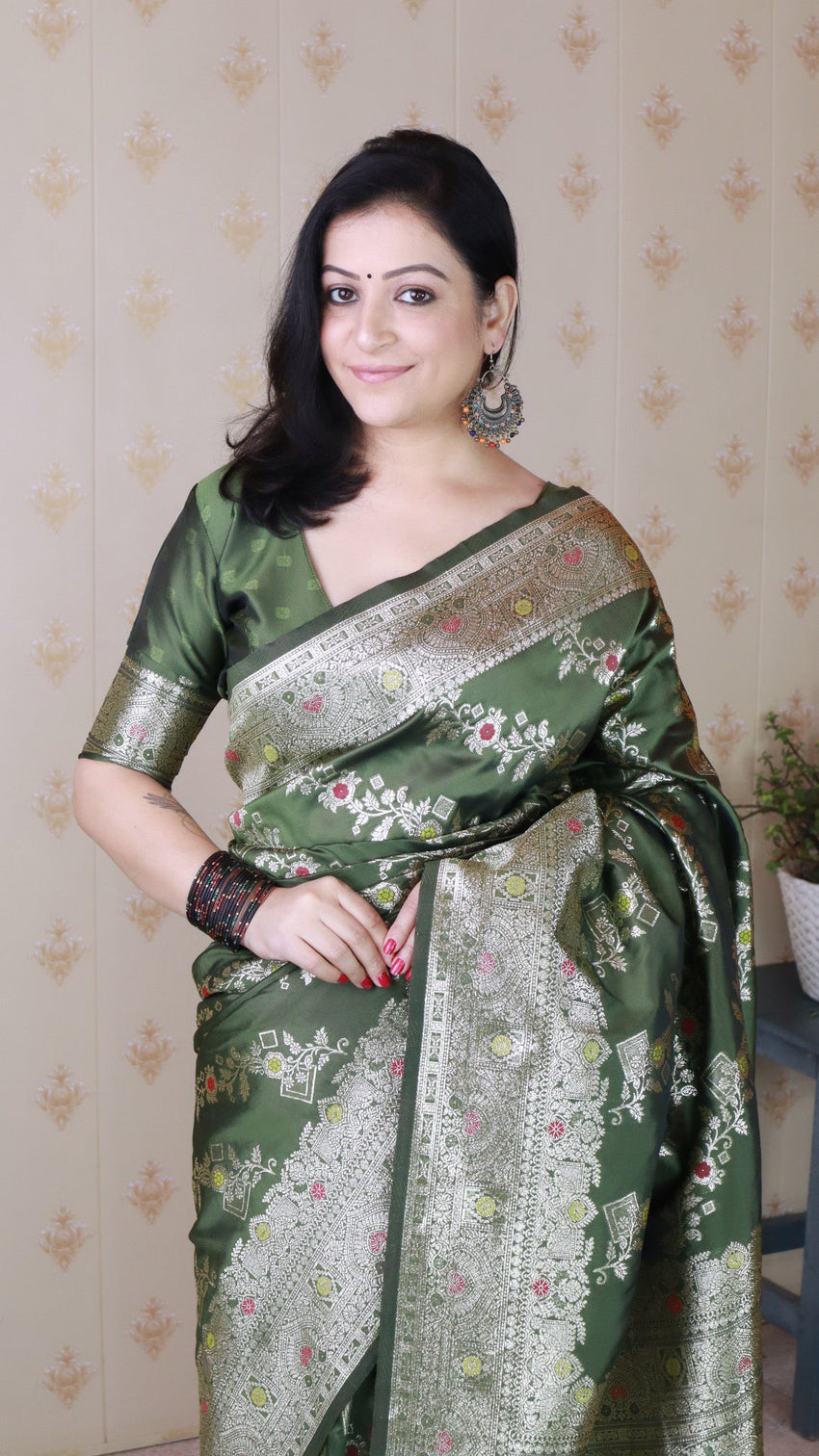 Mehendi green soft silk banarasi jaal meenakari zari woven saree