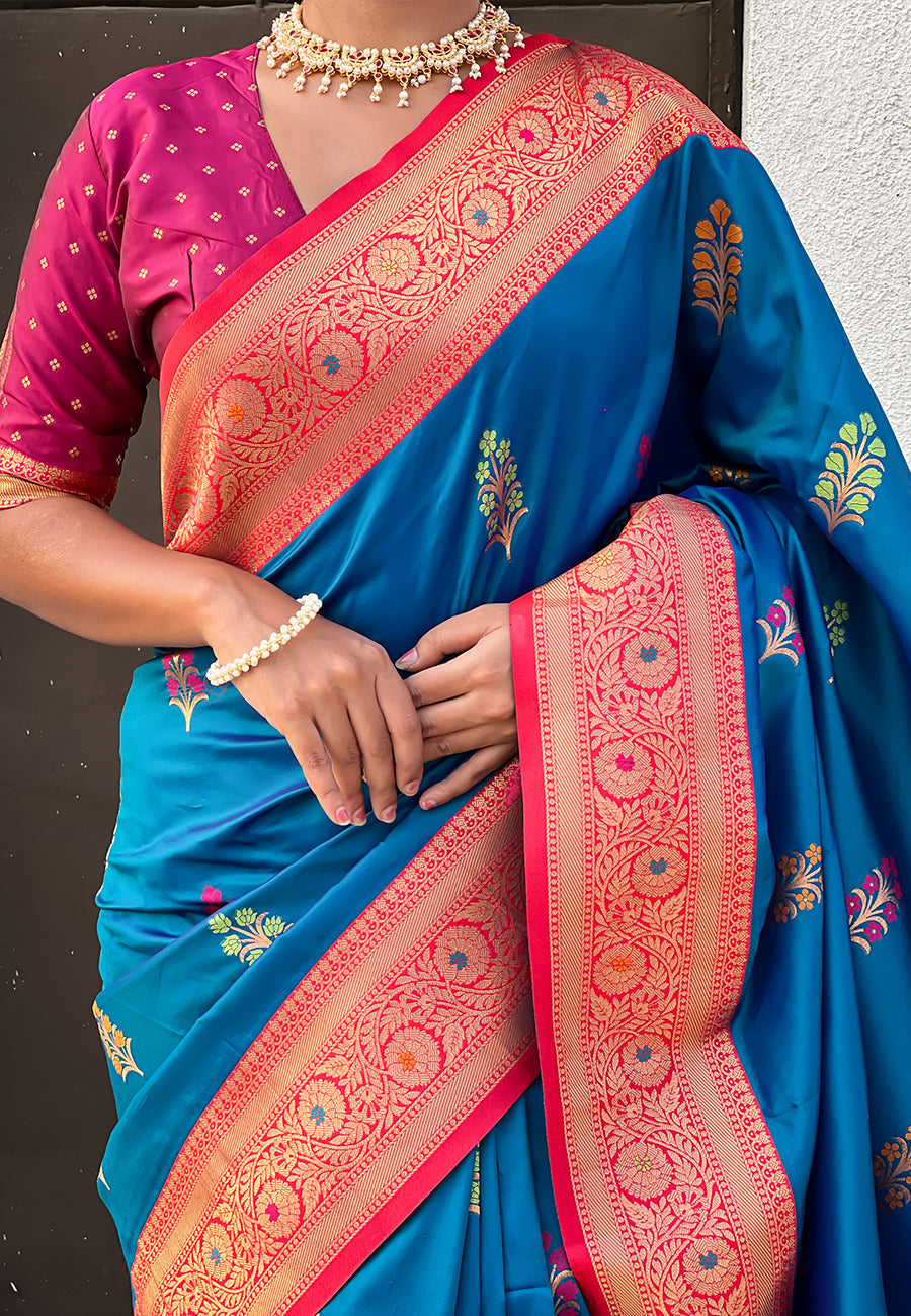 Blue soft silk saree with flower butta meenakari zari woven saree