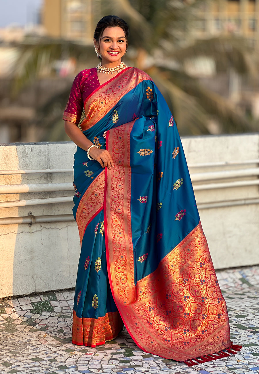 Blue soft silk saree with flower butta meenakari zari woven saree