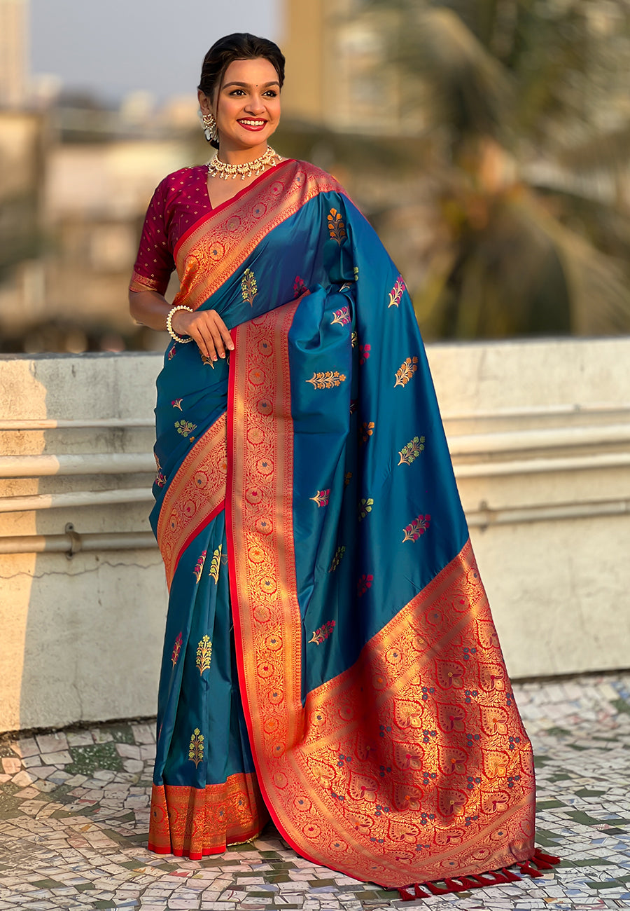Blue soft silk saree with flower butta meenakari zari woven saree