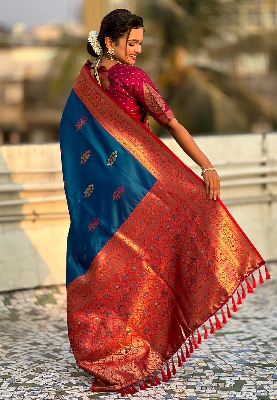 Blue soft silk saree with flower butta meenakari zari woven saree