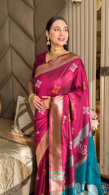 Dark Pink Soft Silk Ikkat Zari Woven Saree