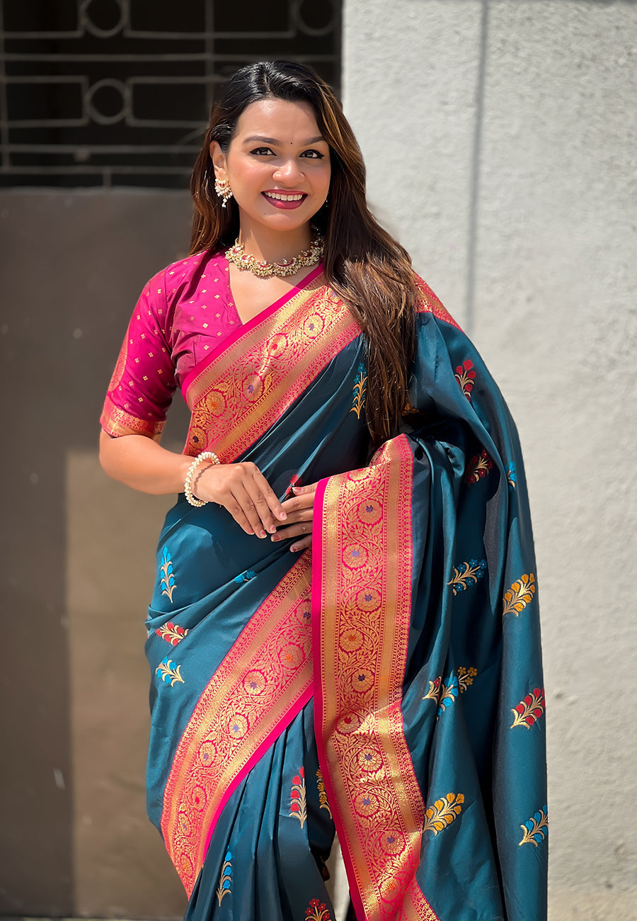 Denim blue soft silk saree with flower butta meenakari zari woven saree
