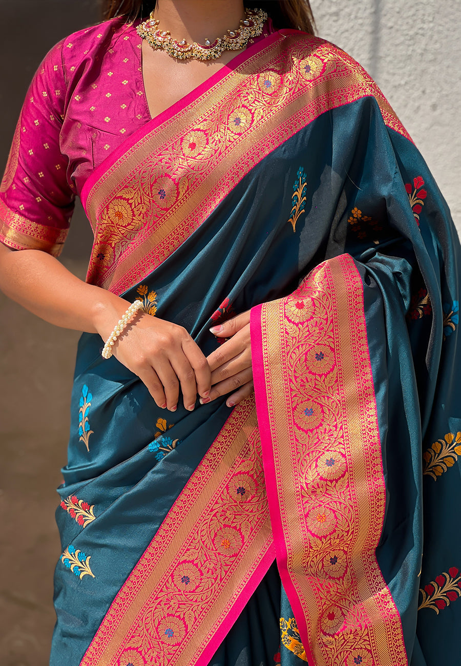 Denim blue soft silk saree with flower butta meenakari zari woven saree