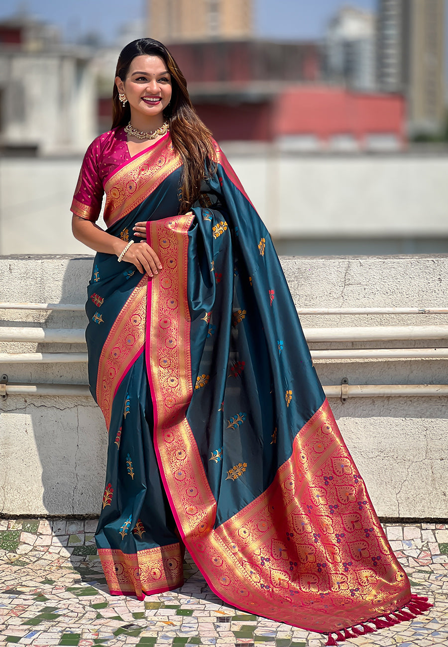Denim blue soft silk saree with flower butta meenakari zari woven saree
