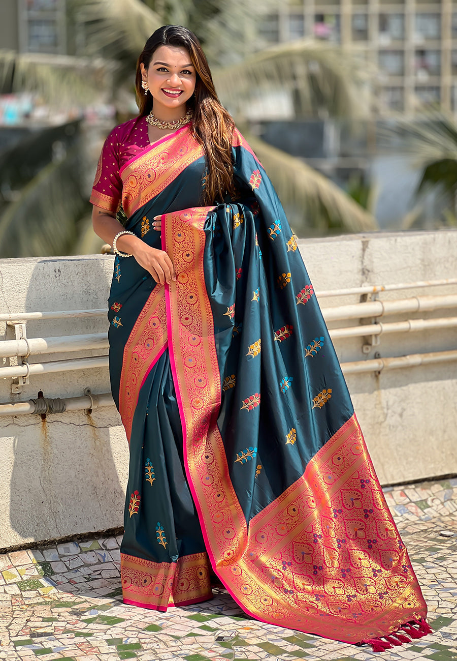 Denim blue soft silk saree with flower butta meenakari zari woven saree