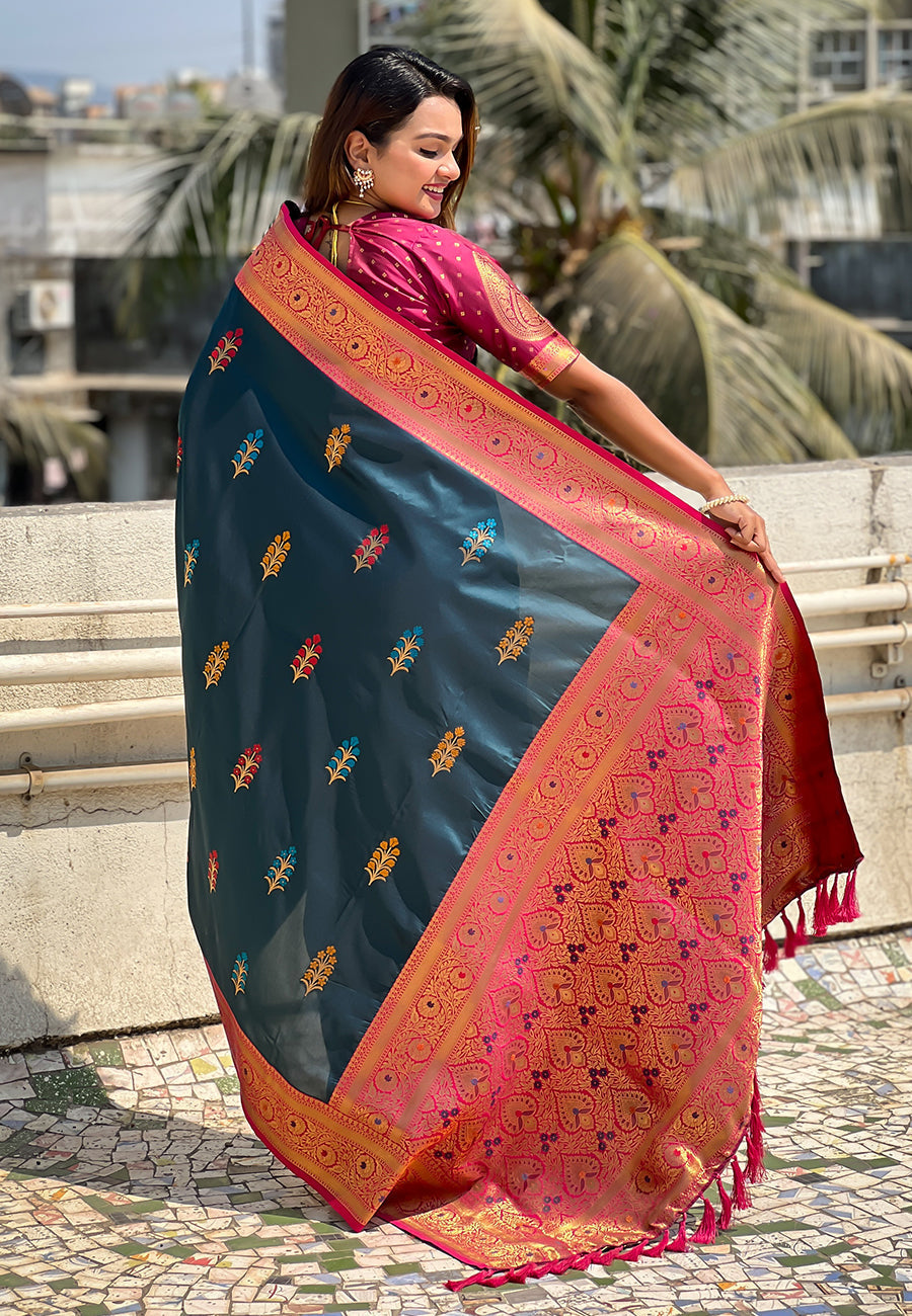 Denim blue soft silk saree with flower butta meenakari zari woven saree