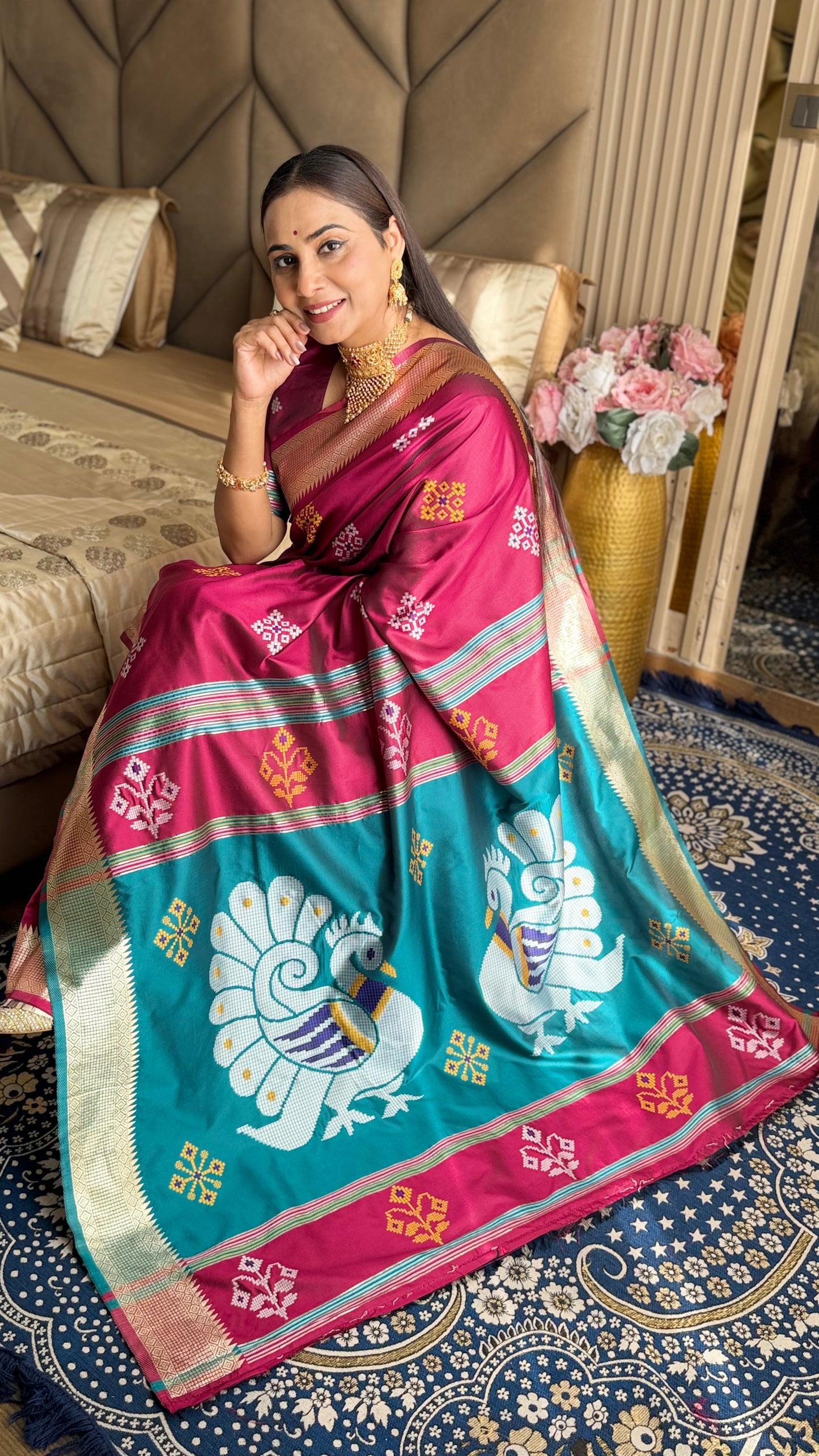 Dark Pink Soft Silk Ikkat Zari Woven Saree