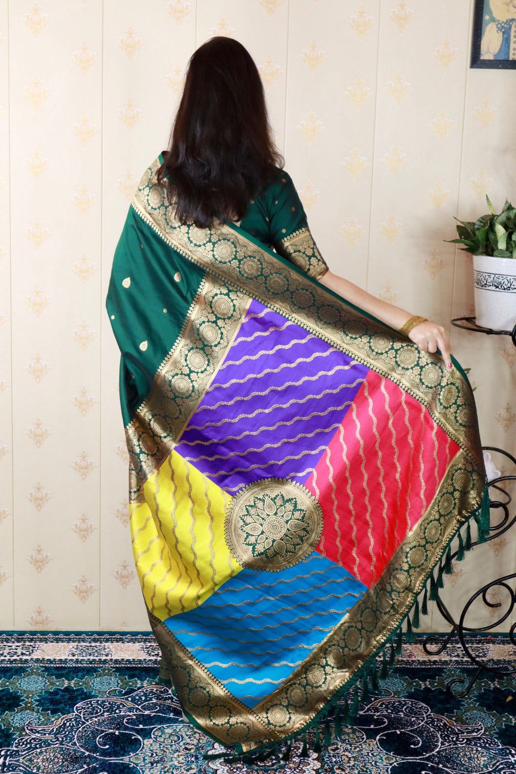 Bottle green soft silk banarasi multicolor pallu zari woven saree