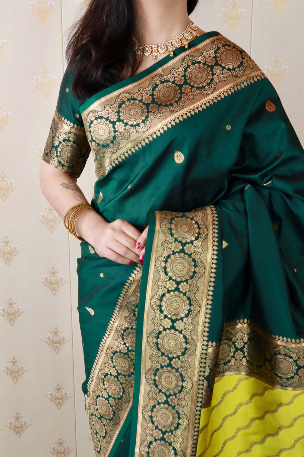 Bottle green soft silk banarasi multicolor pallu zari woven saree