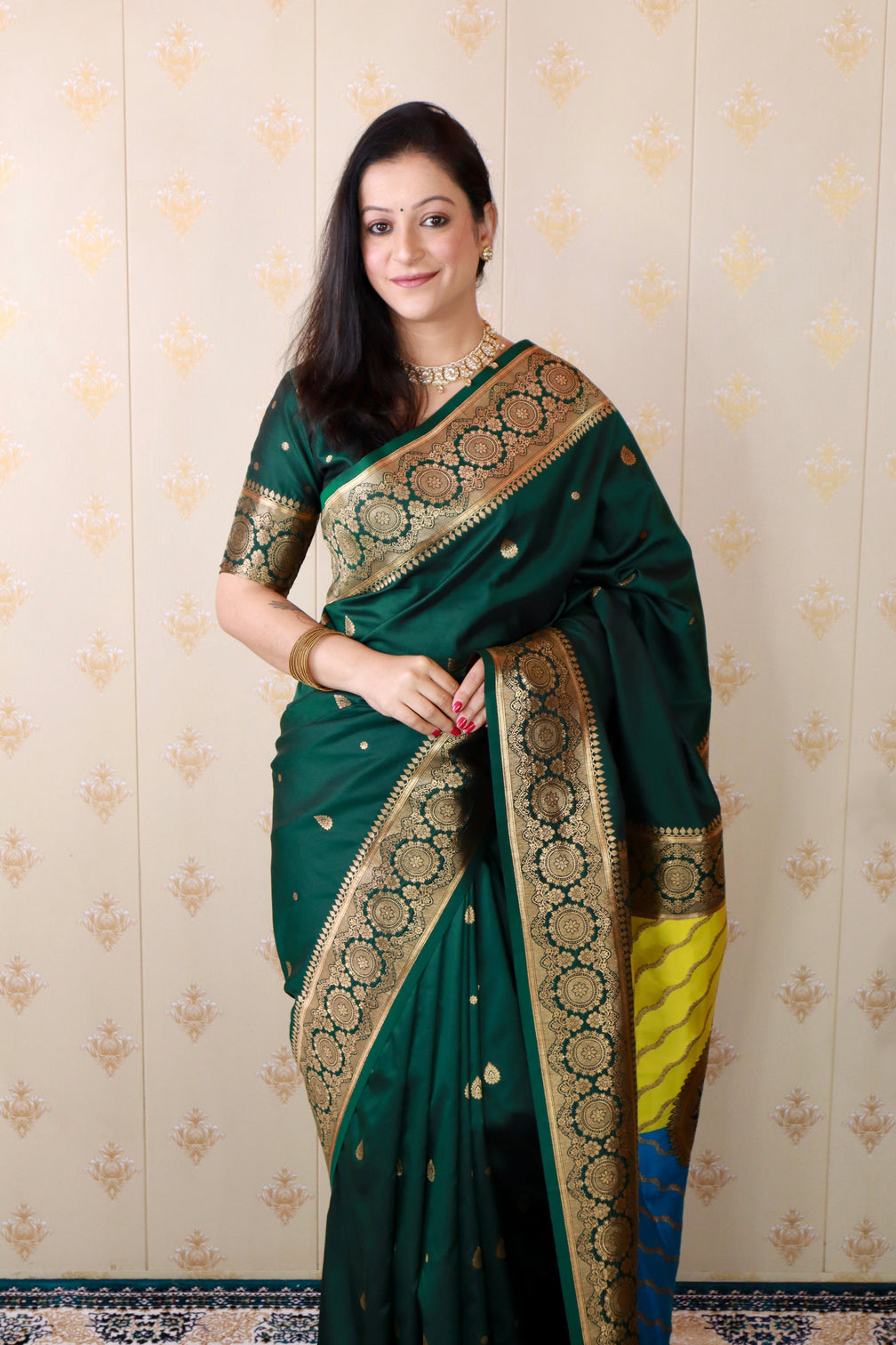 Bottle green soft silk banarasi multicolor pallu zari woven saree