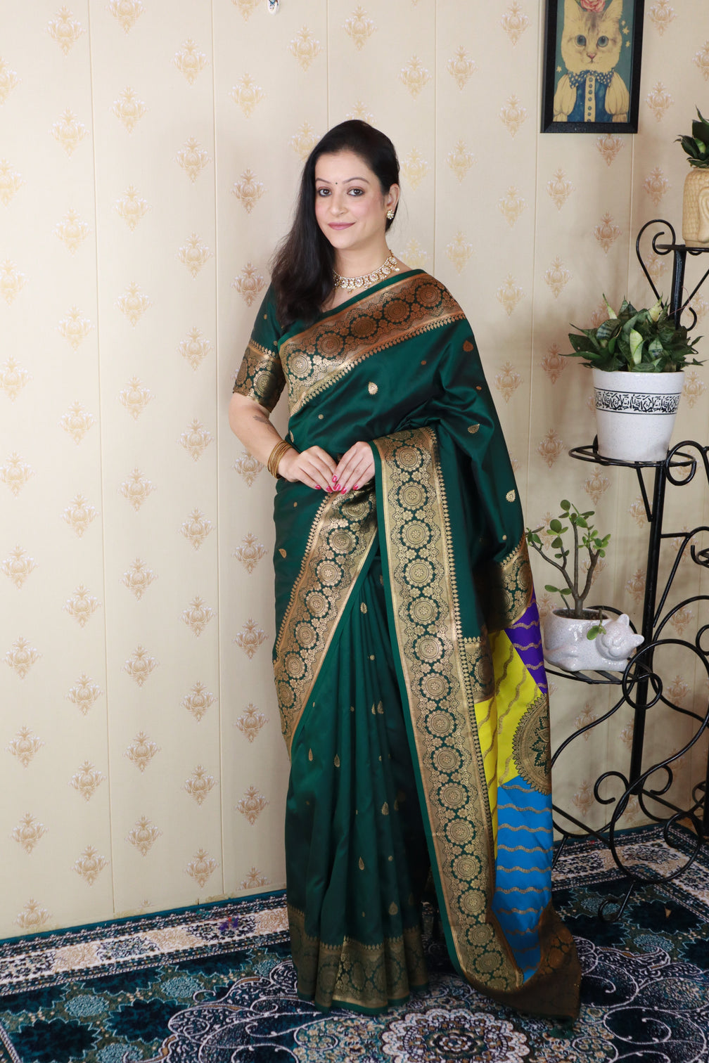 Bottle green soft silk banarasi multicolor pallu zari woven saree