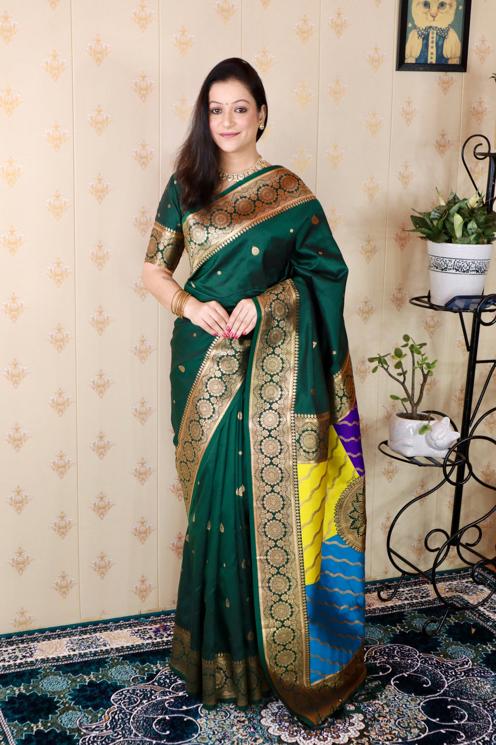 Bottle green soft silk banarasi multicolor pallu zari woven saree