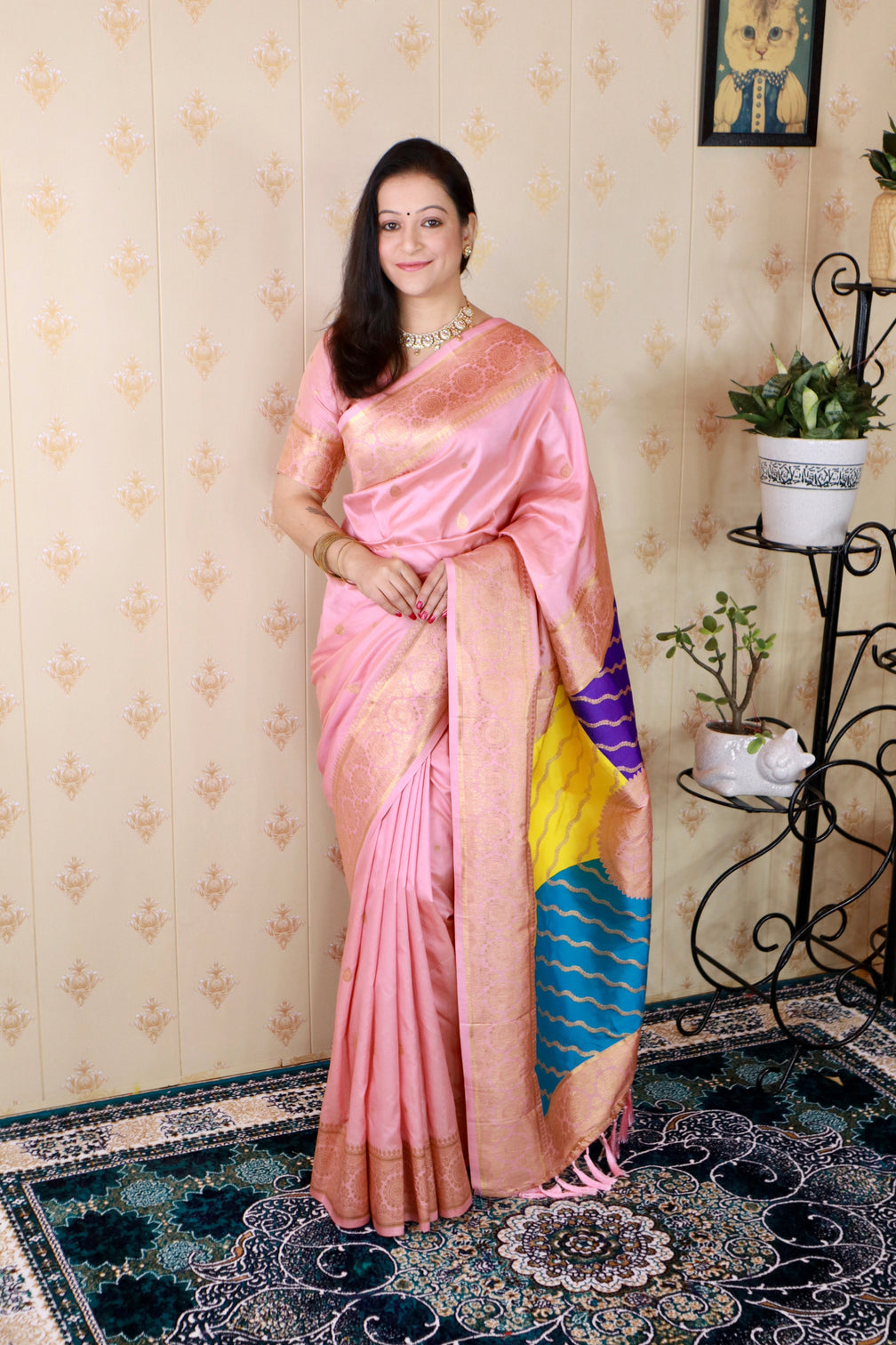 Baby pink soft silk banarasi multicolor pallu zari woven saree