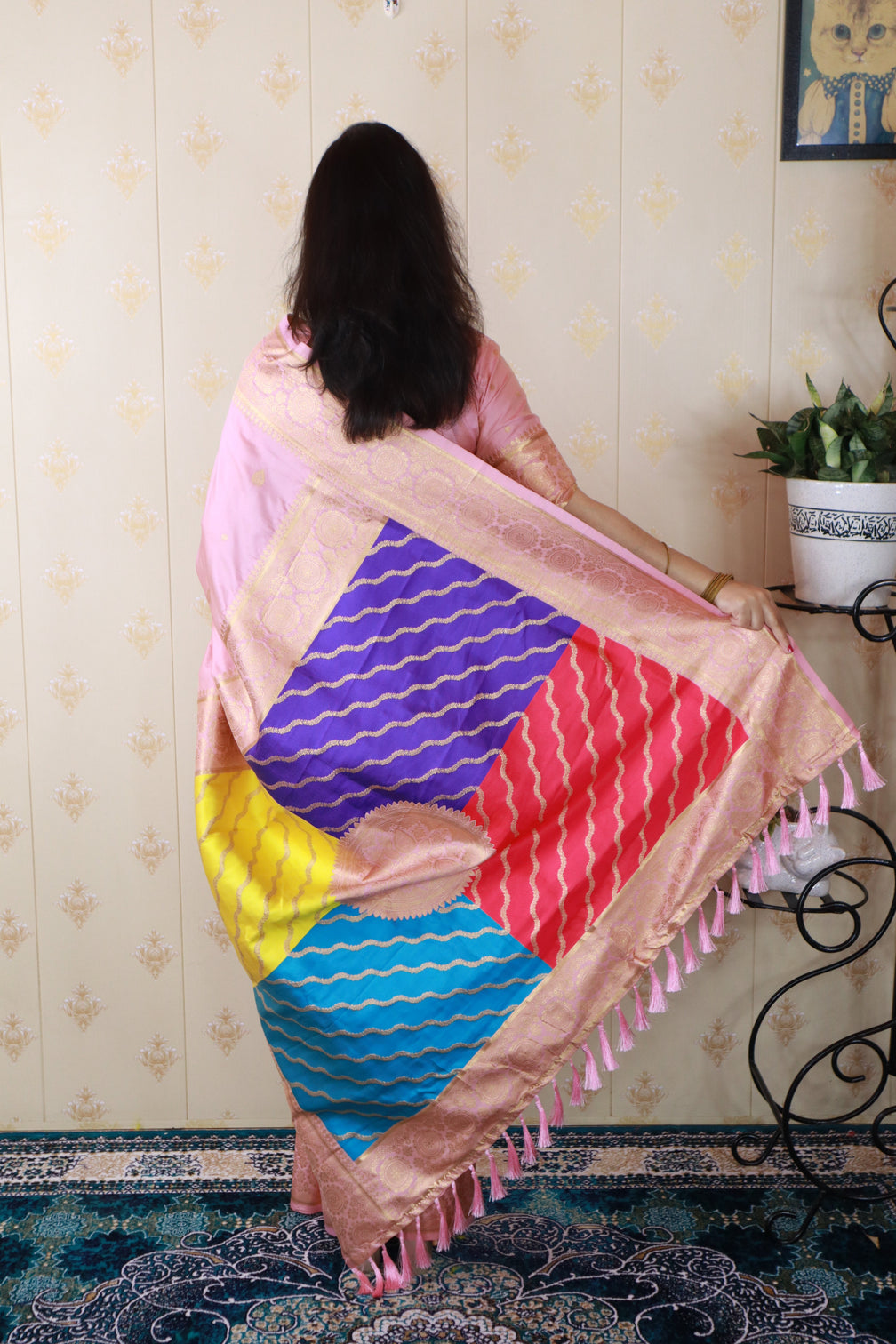 Baby pink soft silk banarasi multicolor pallu zari woven saree