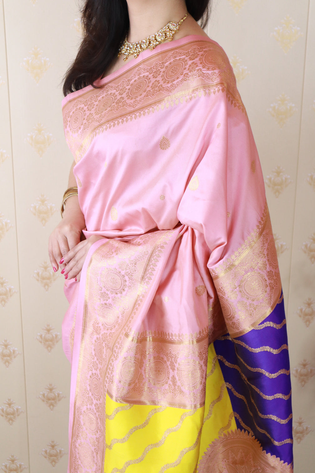 Baby pink soft silk banarasi multicolor pallu zari woven saree