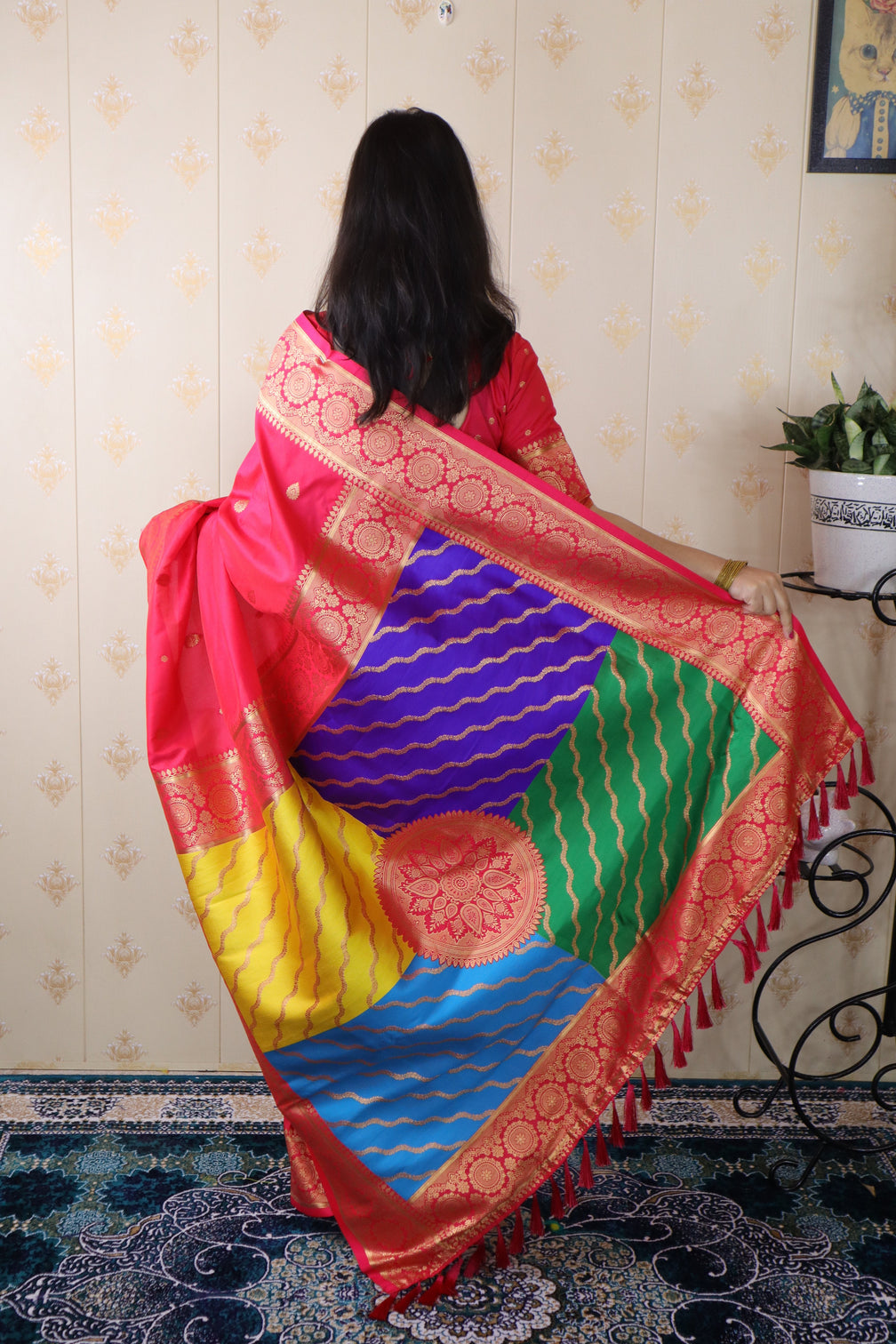 Pink soft silk banarasi multicolor pallu zari woven saree