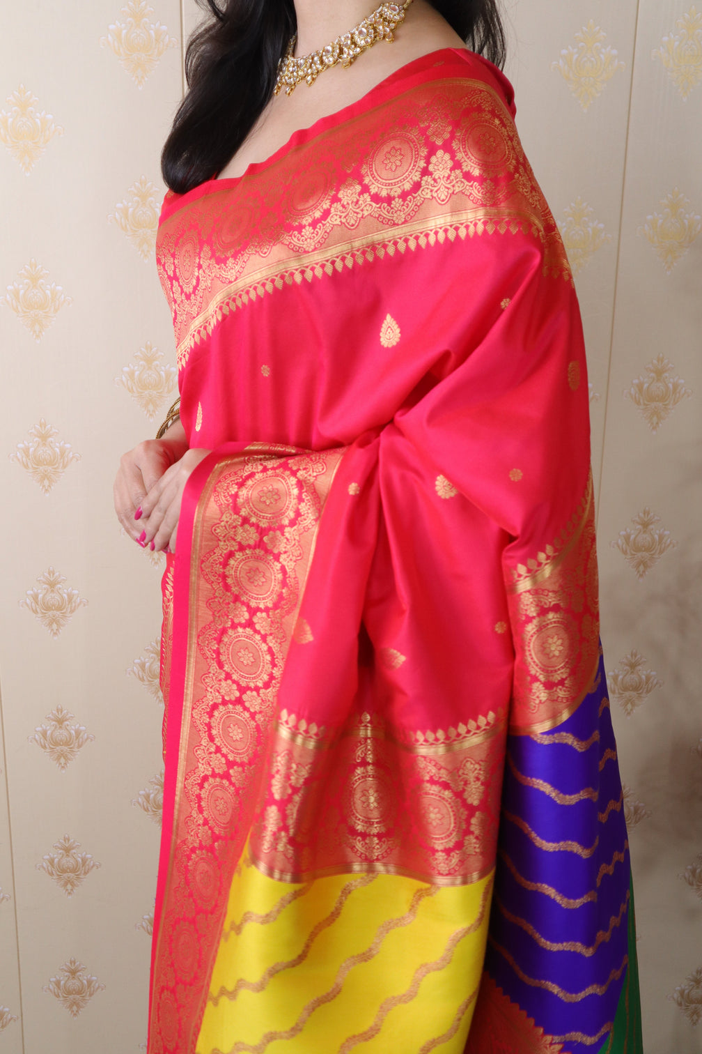 Pink soft silk banarasi multicolor pallu zari woven saree