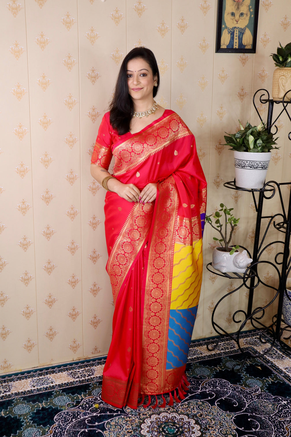 Pink soft silk banarasi multicolor pallu zari woven saree