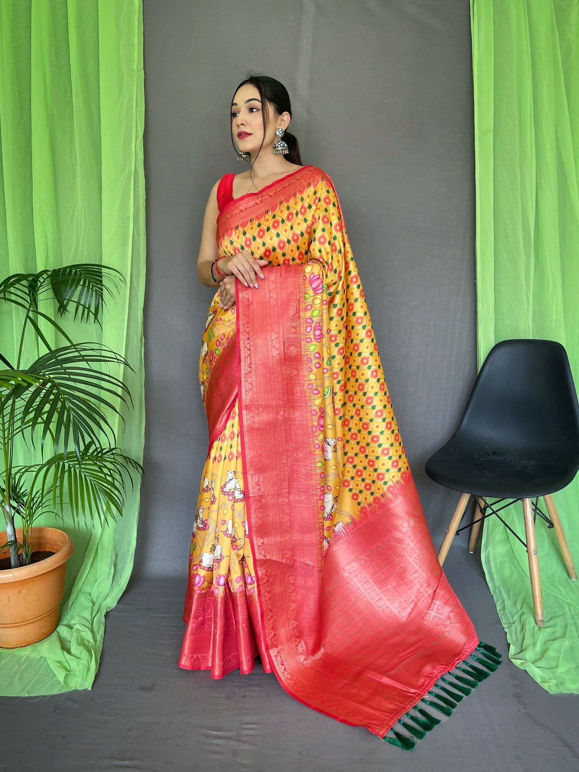 Yellow Saree in Kalamkari Print