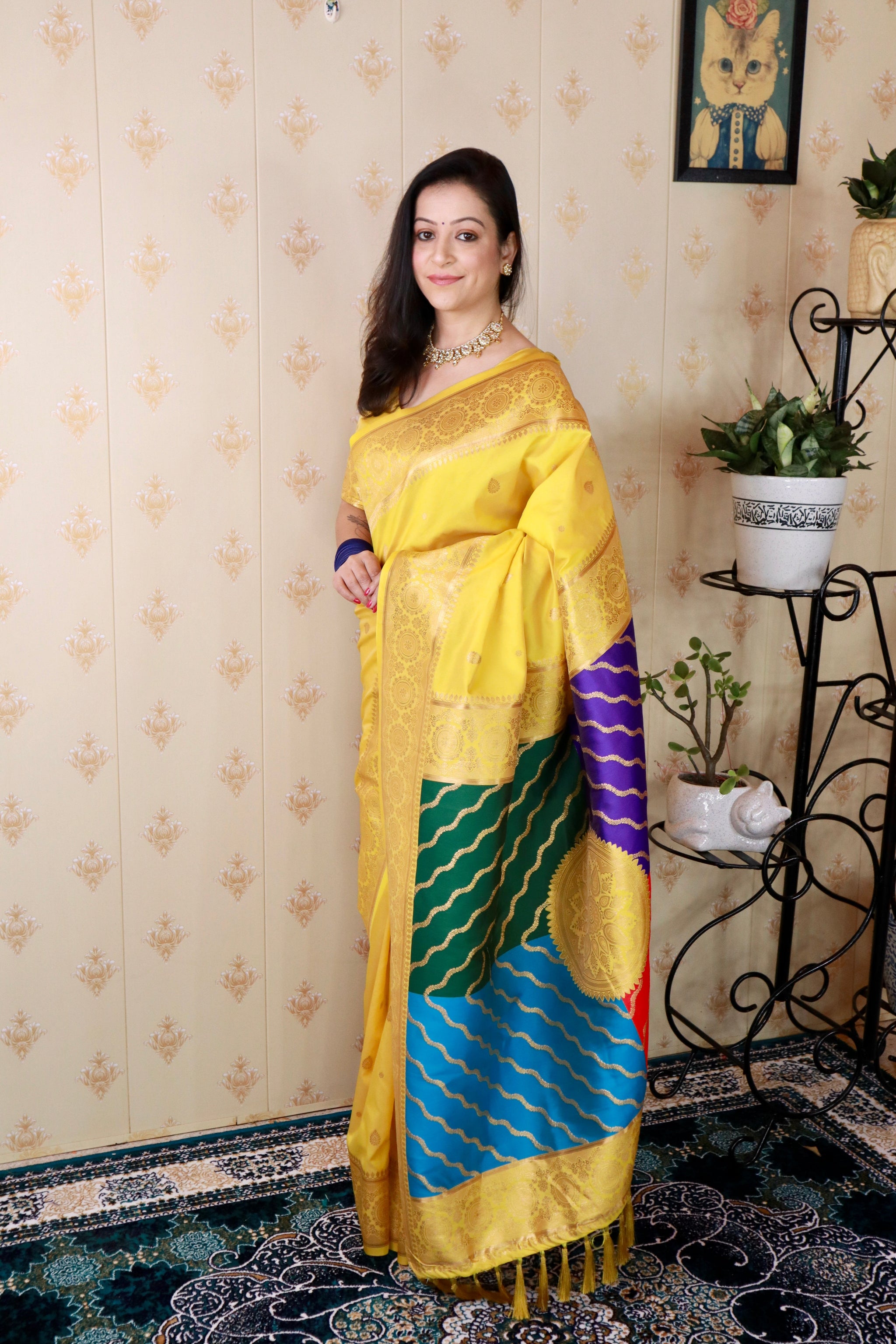 Yellow Soft Silk Banarasi Multicolor Pallu Zari Woven Saree