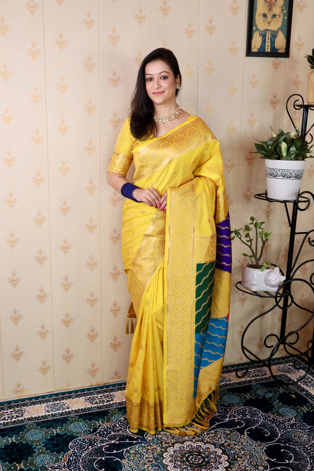 Yellow soft silk banarasi multicolor pallu zari woven saree