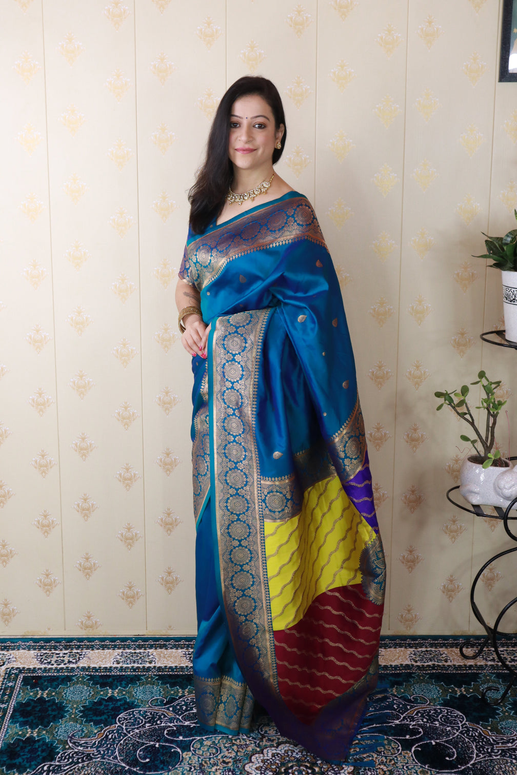Blue soft silk banarasi multicolor pallu zari woven saree