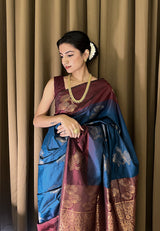 Samiksha in our Blue Soft Silk Floral Border Contrast Zari Woven Saree