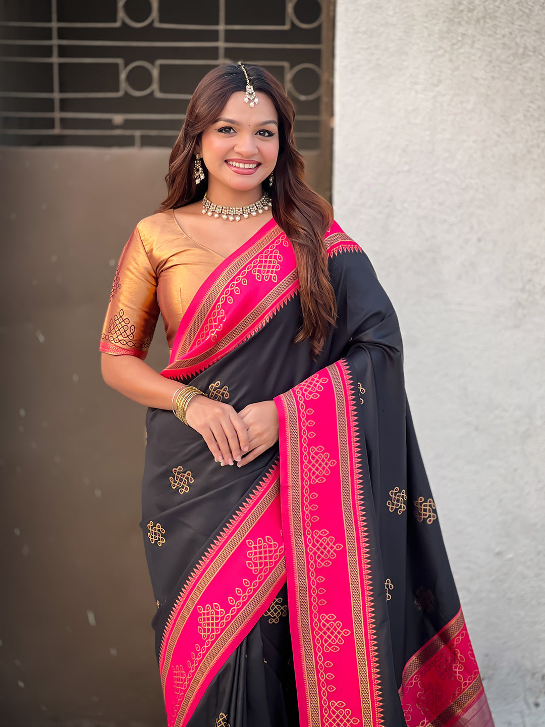 Black soft silk traditional zari contrast woven saree
