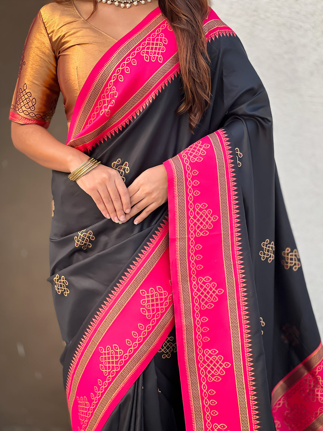 Black soft silk traditional zari contrast woven saree