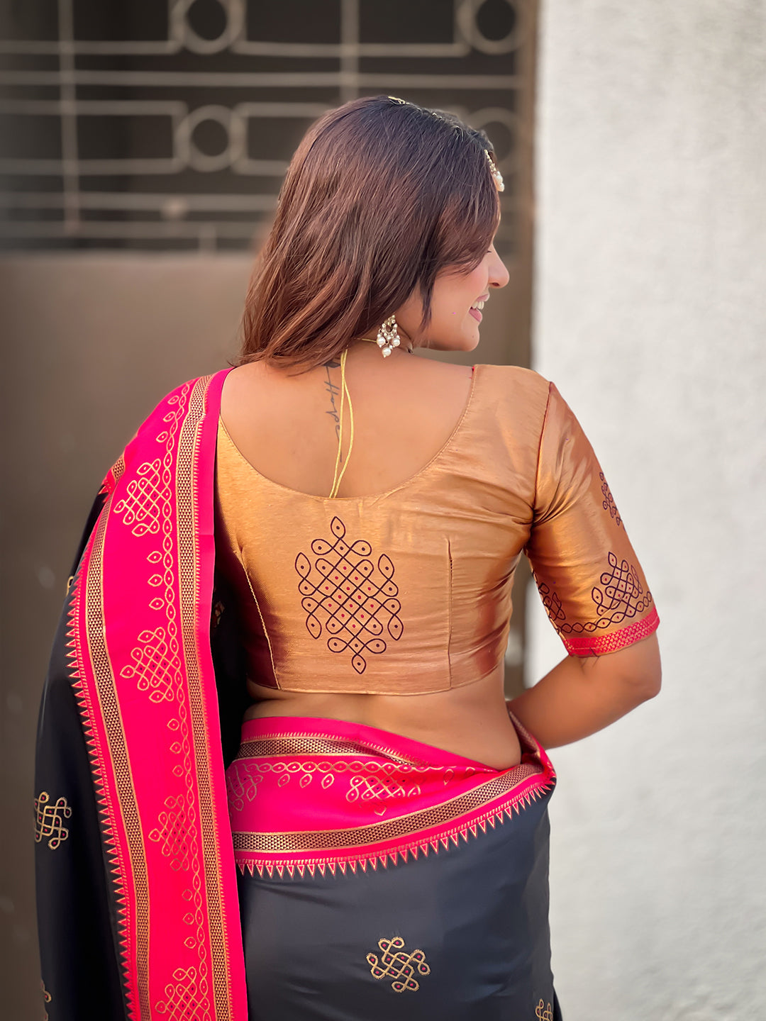 Black soft silk traditional zari contrast woven saree