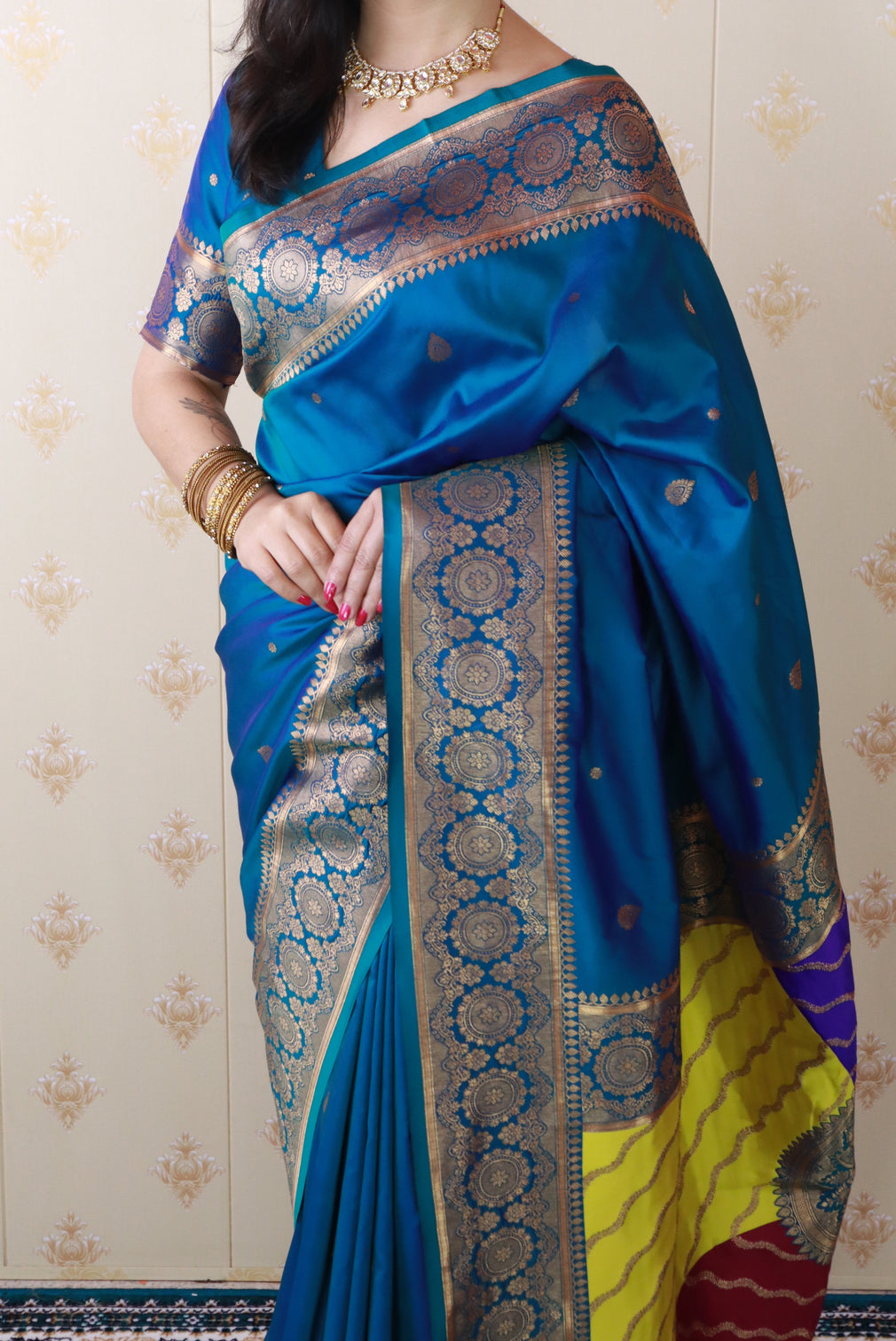 Blue soft silk banarasi multicolor pallu zari woven saree