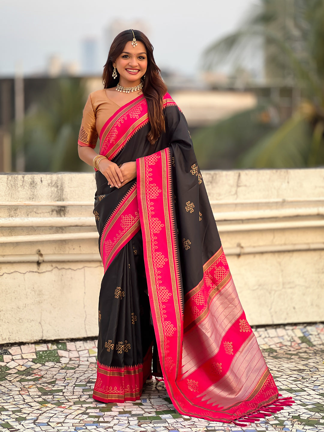 Black soft silk traditional zari contrast woven saree
