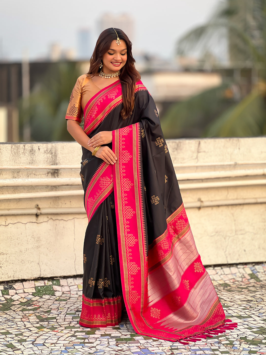 Black soft silk traditional zari contrast woven saree