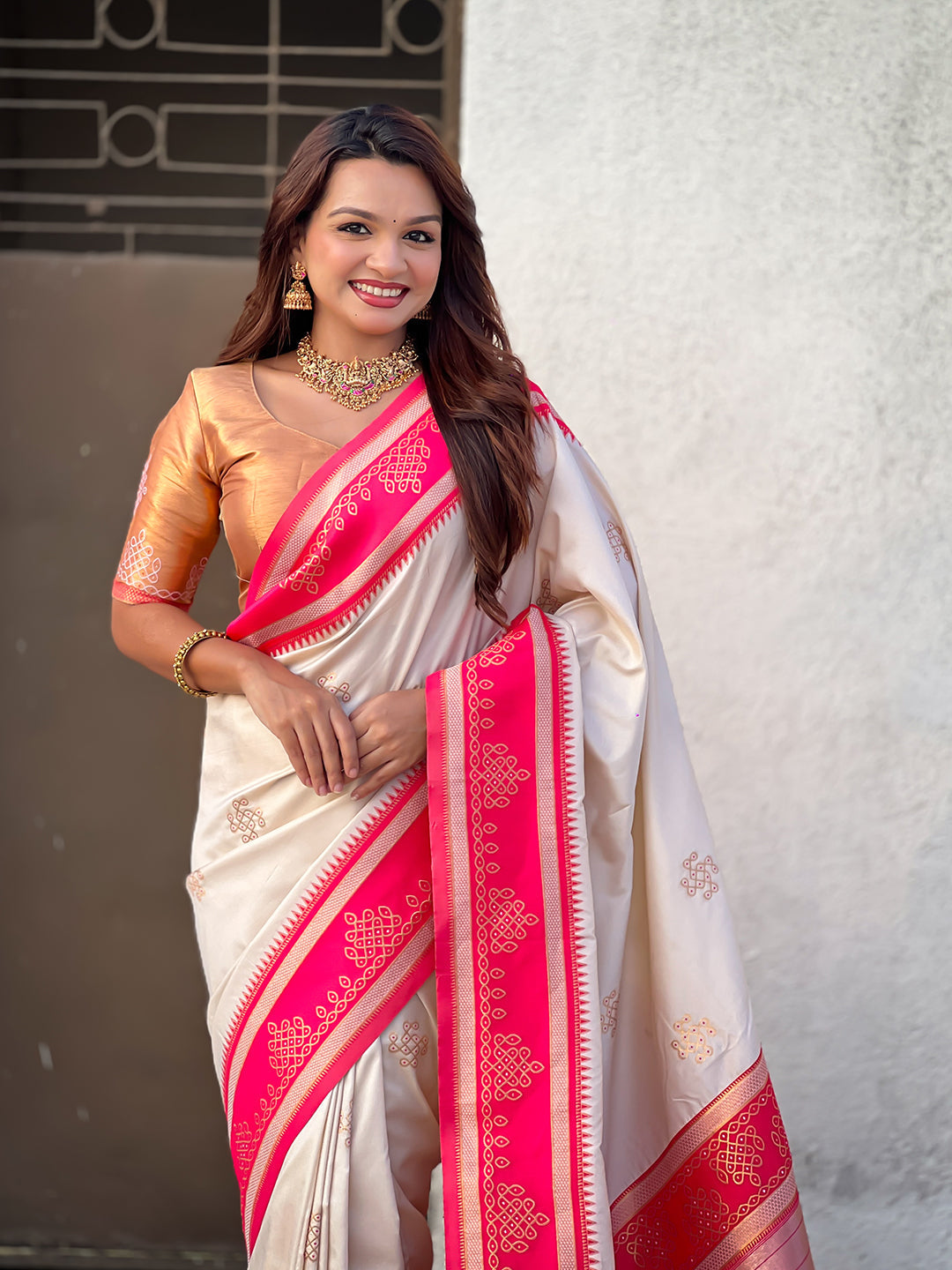 Cream soft silk traditional zari contrast woven saree