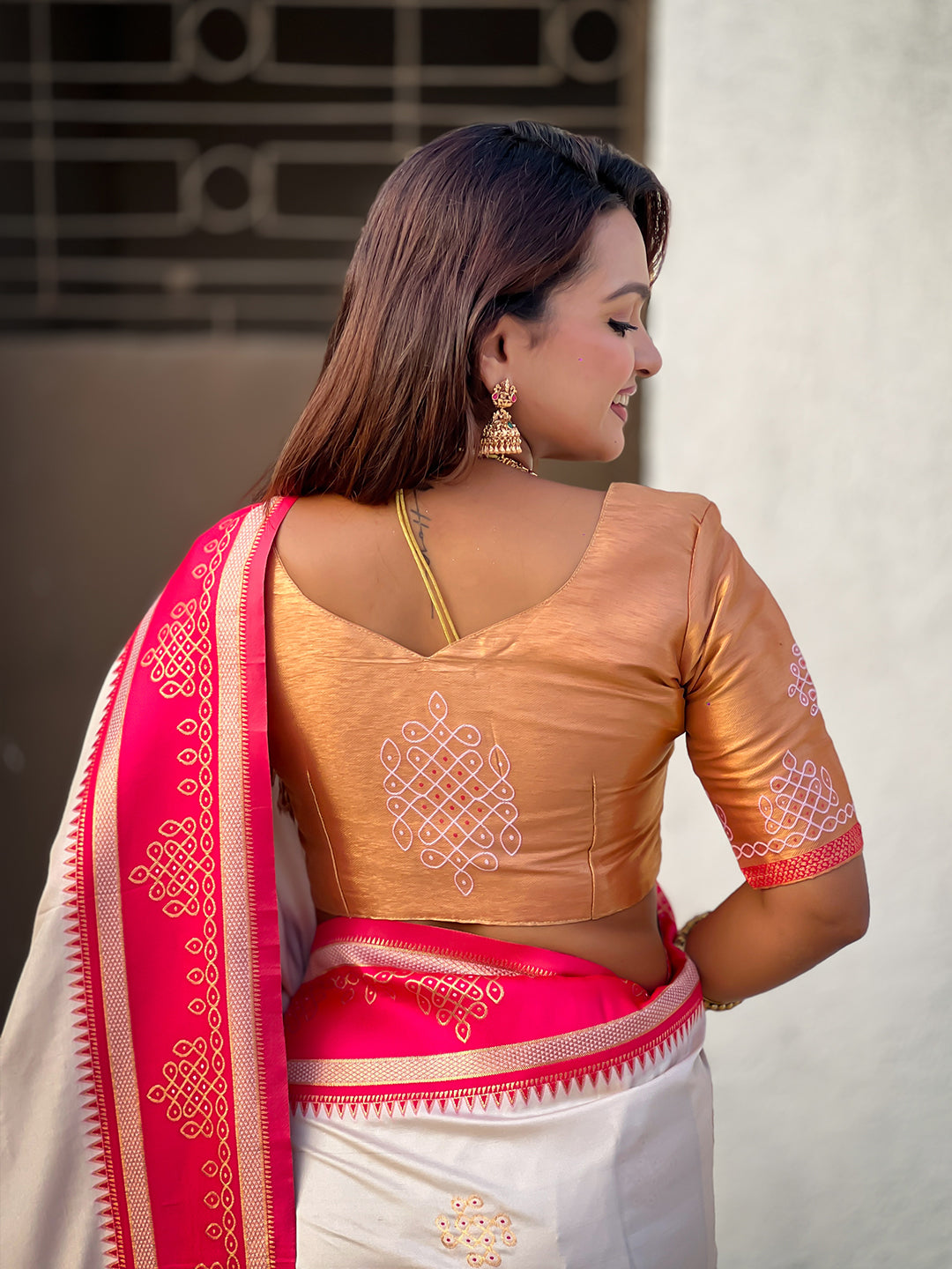 Cream soft silk traditional zari contrast woven saree