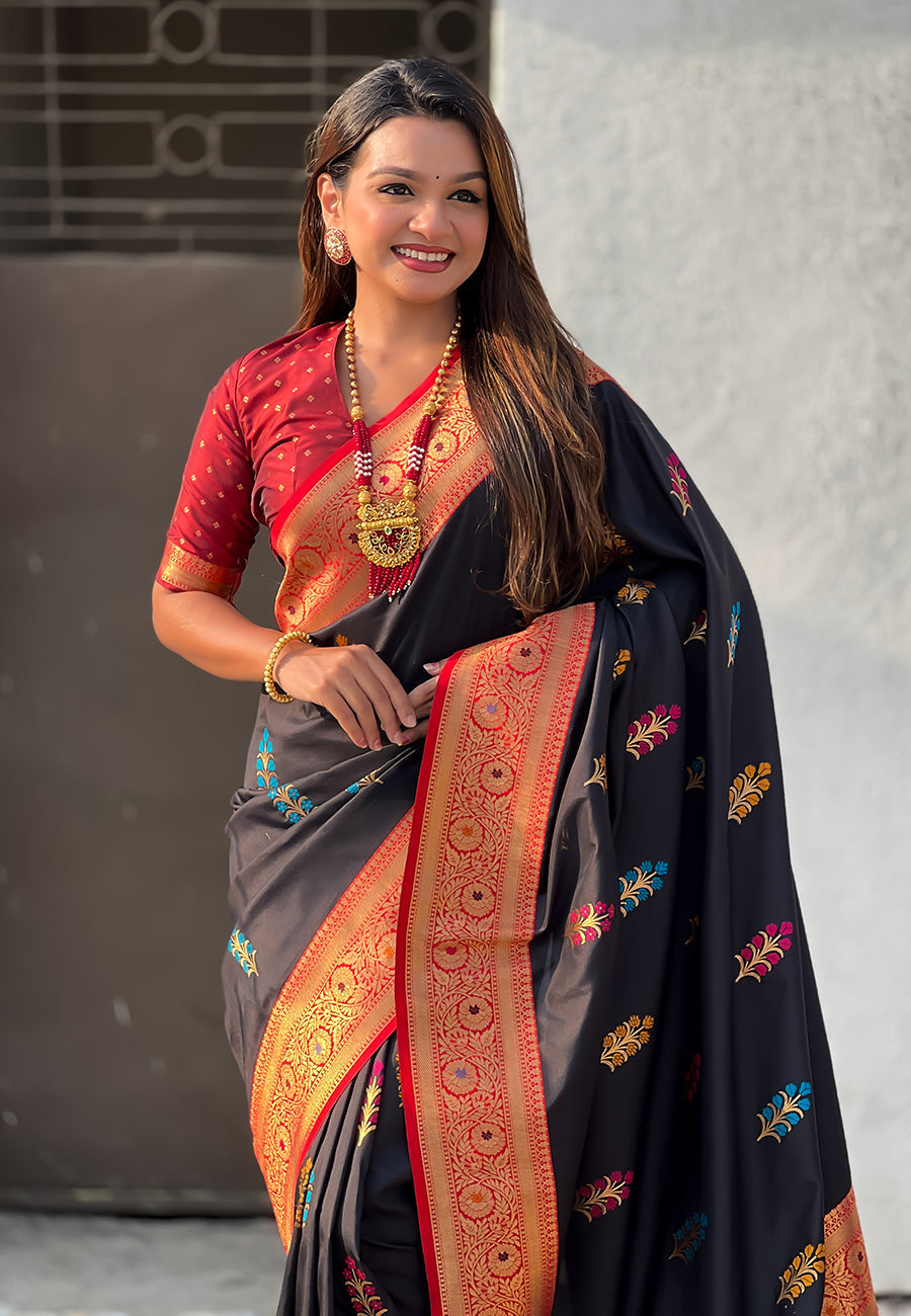 Black soft silk saree with flower butta meenakari zari woven saree